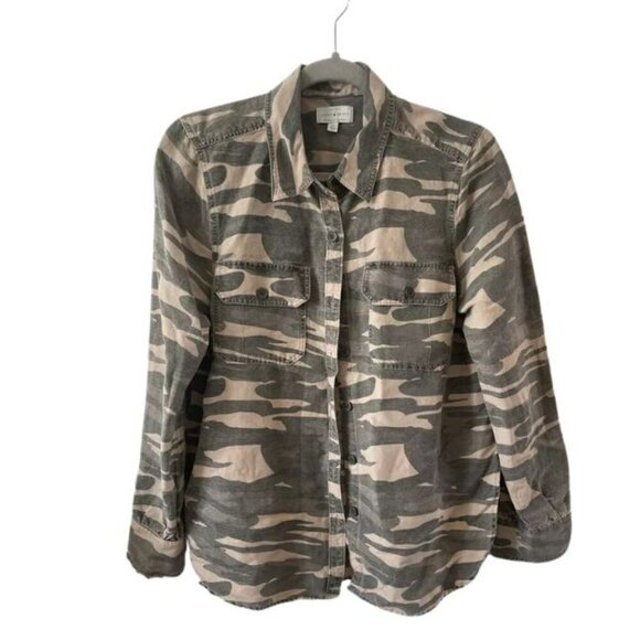 Lucky Brand Womens Linen Blend Green Camouflage Button Front Top Size S/P - Picture 1 of 6